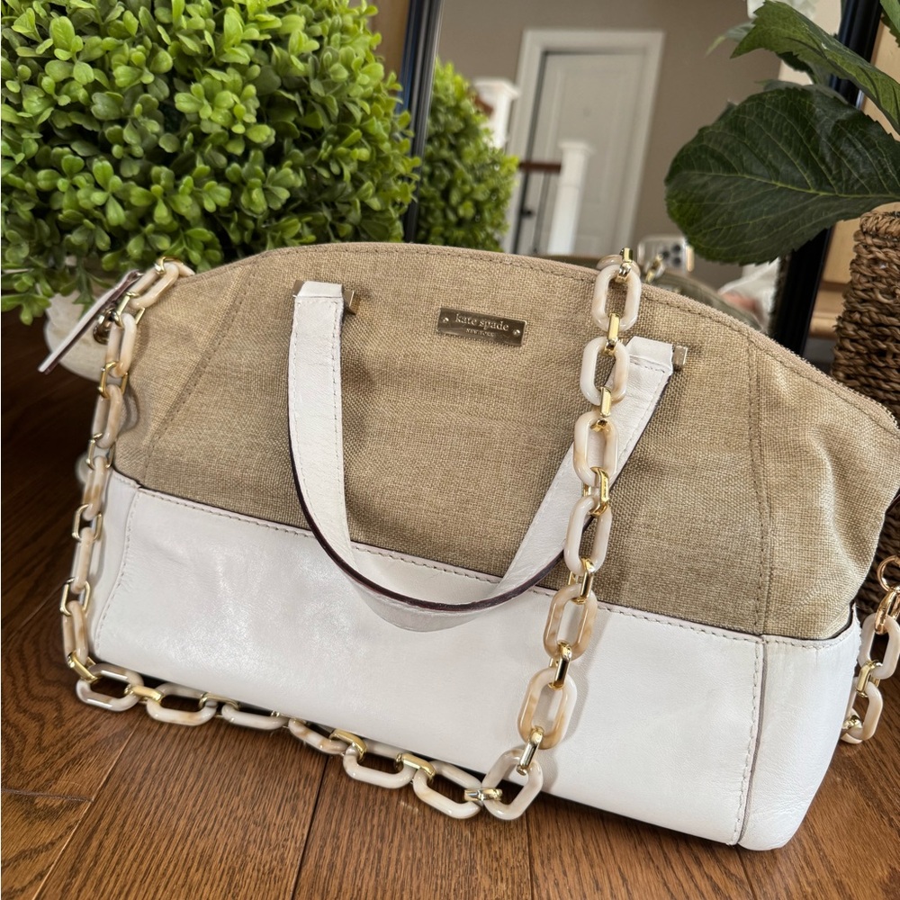 Kate Spade Beige linen  and White Leather Satchel